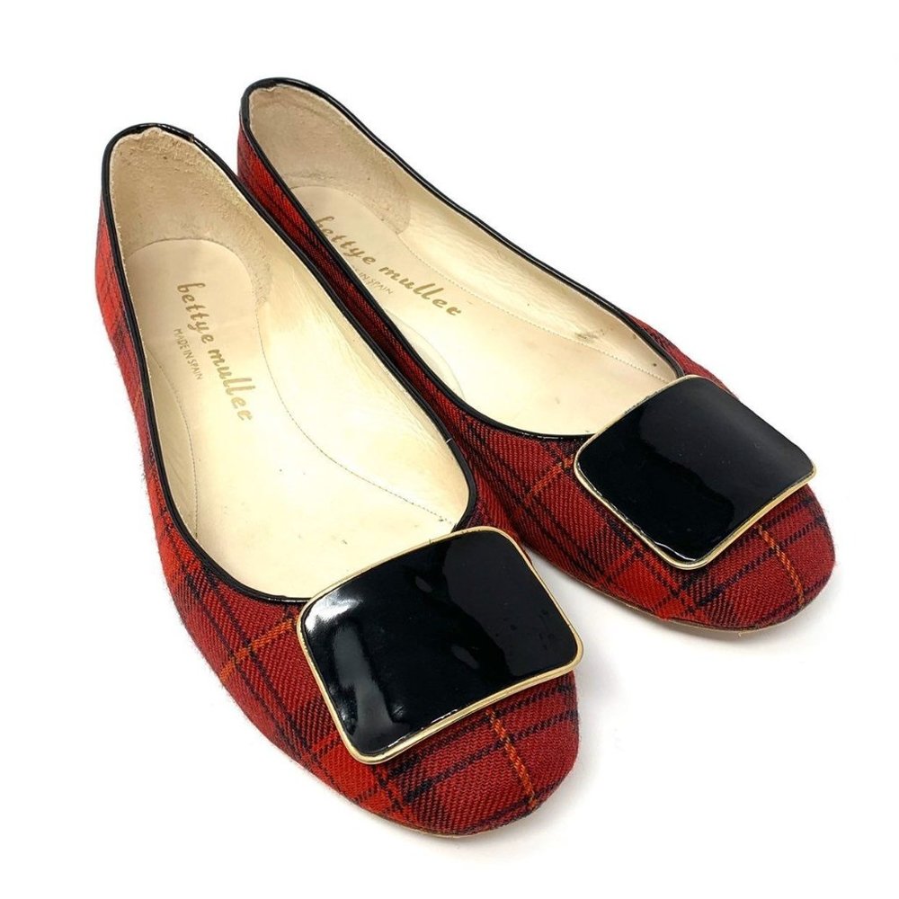 Bettye Muller Red Plaid Flats with Black Bow